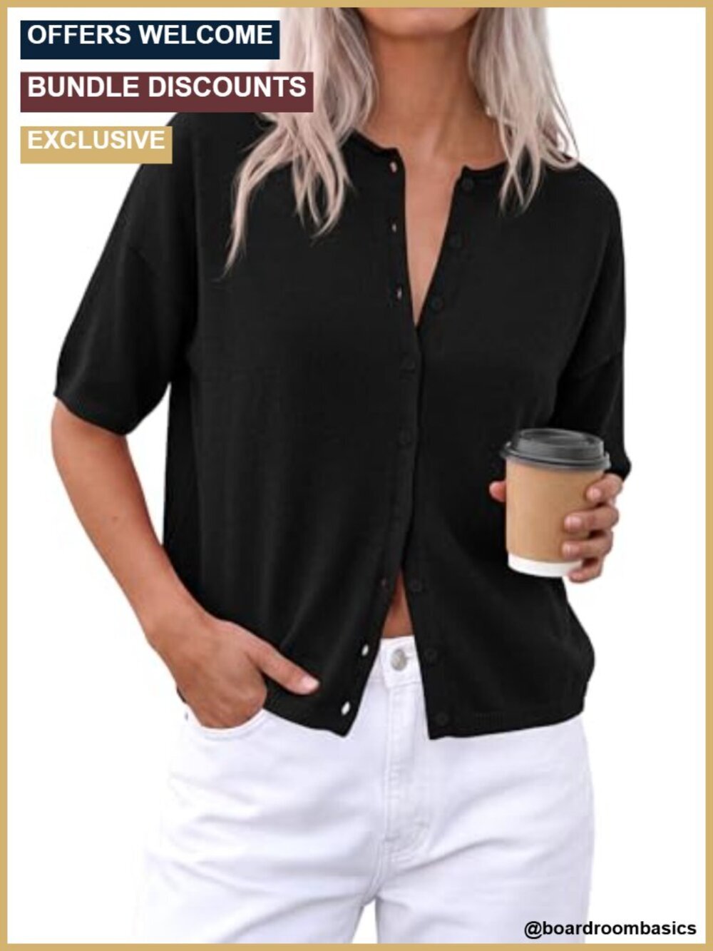 Short Sleeve Cardigan Sweater, Lightweight Knit, Button Down Crewneck, Business